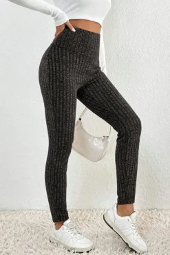 Fashion Dear-Lover Wide Waistband Ribbed Textured Knit Leggings Dark Grey