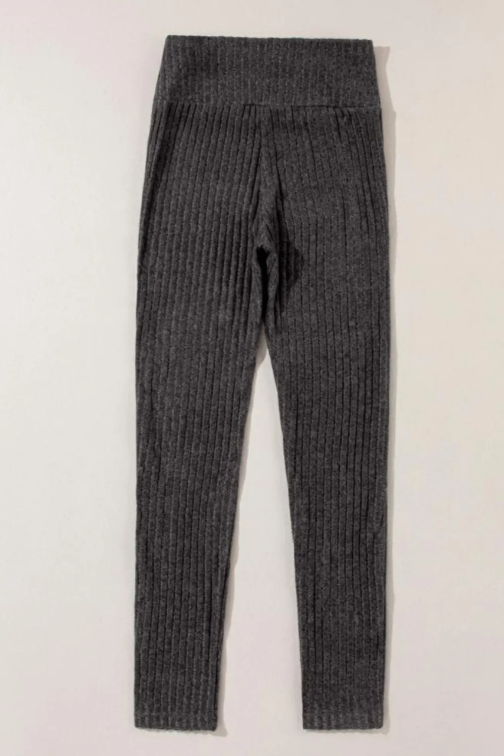 Fashion Dear-Lover Wide Waistband Ribbed Textured Knit Leggings Dark Grey