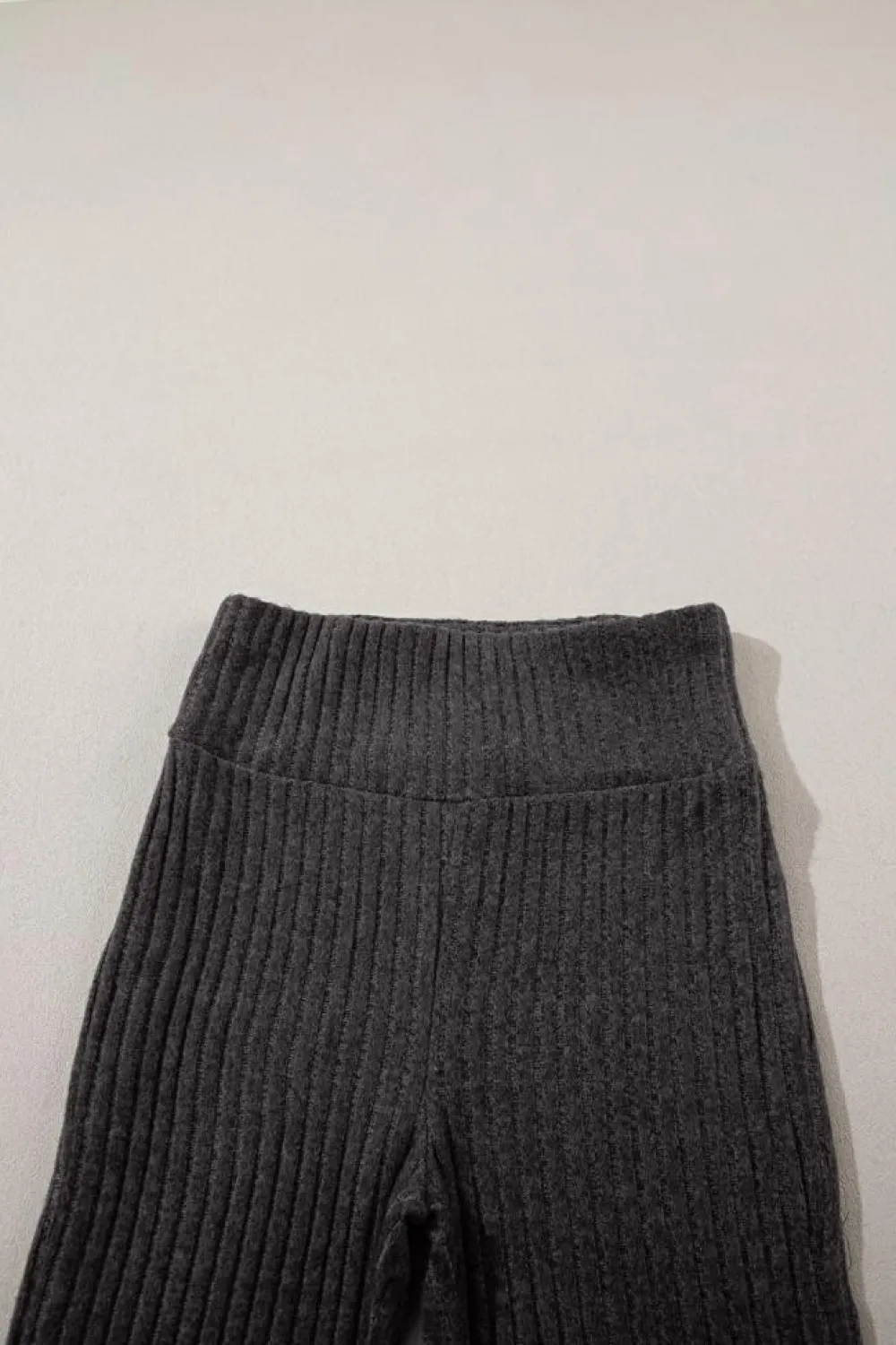 Fashion Dear-Lover Wide Waistband Ribbed Textured Knit Leggings Dark Grey