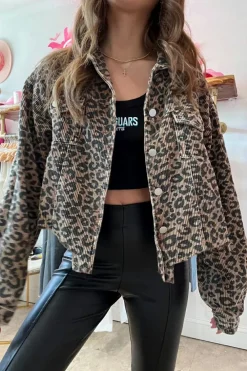 Discount Dear-Lover Leopard Print Corduroy Irregular Hem Buttoned Jacket Dark Khaki
