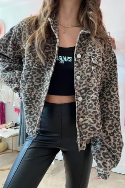 Discount Dear-Lover Leopard Print Corduroy Irregular Hem Buttoned Jacket Dark Khaki