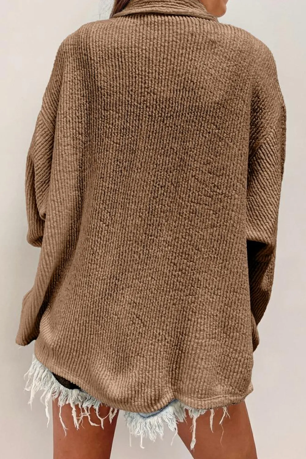 New Dear-Lover Solid Color Corduroy Buttoned Long Sleeve Shacket Dark Khaki