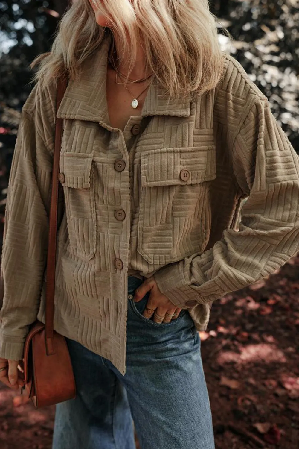 Best Dear-Lover Textured Chest Pocket Button-up Shacket Dark Khaki