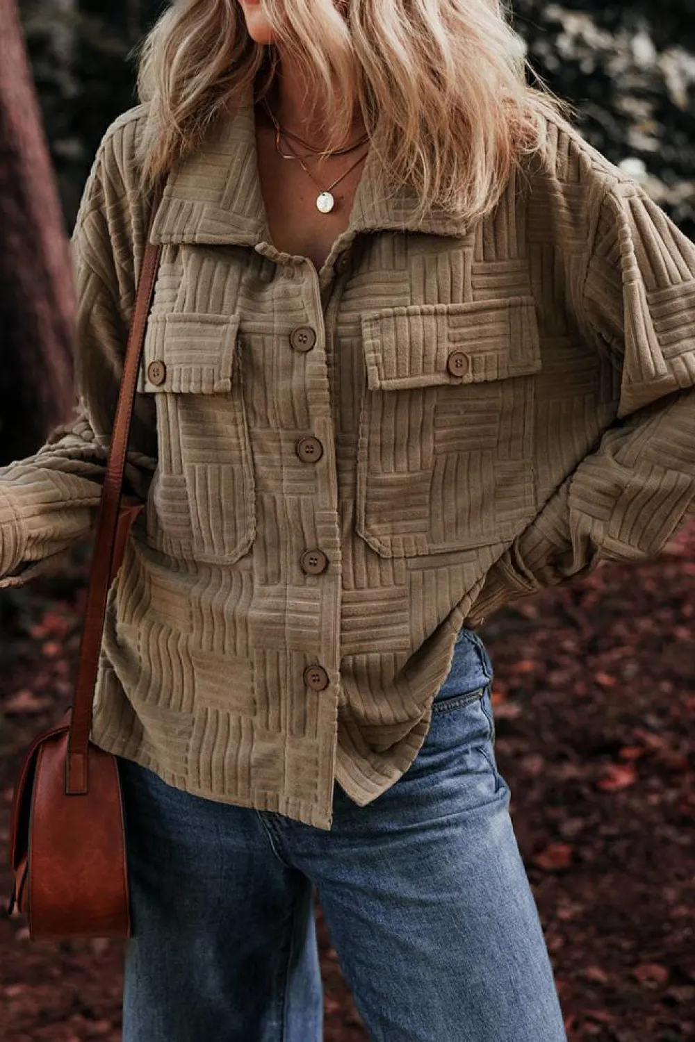Best Dear-Lover Textured Chest Pocket Button-up Shacket Dark Khaki