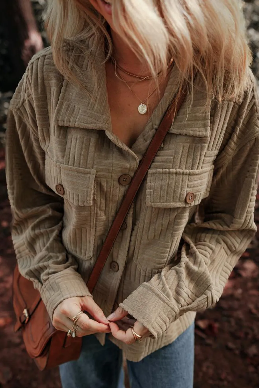 Best Dear-Lover Textured Chest Pocket Button-up Shacket Dark Khaki