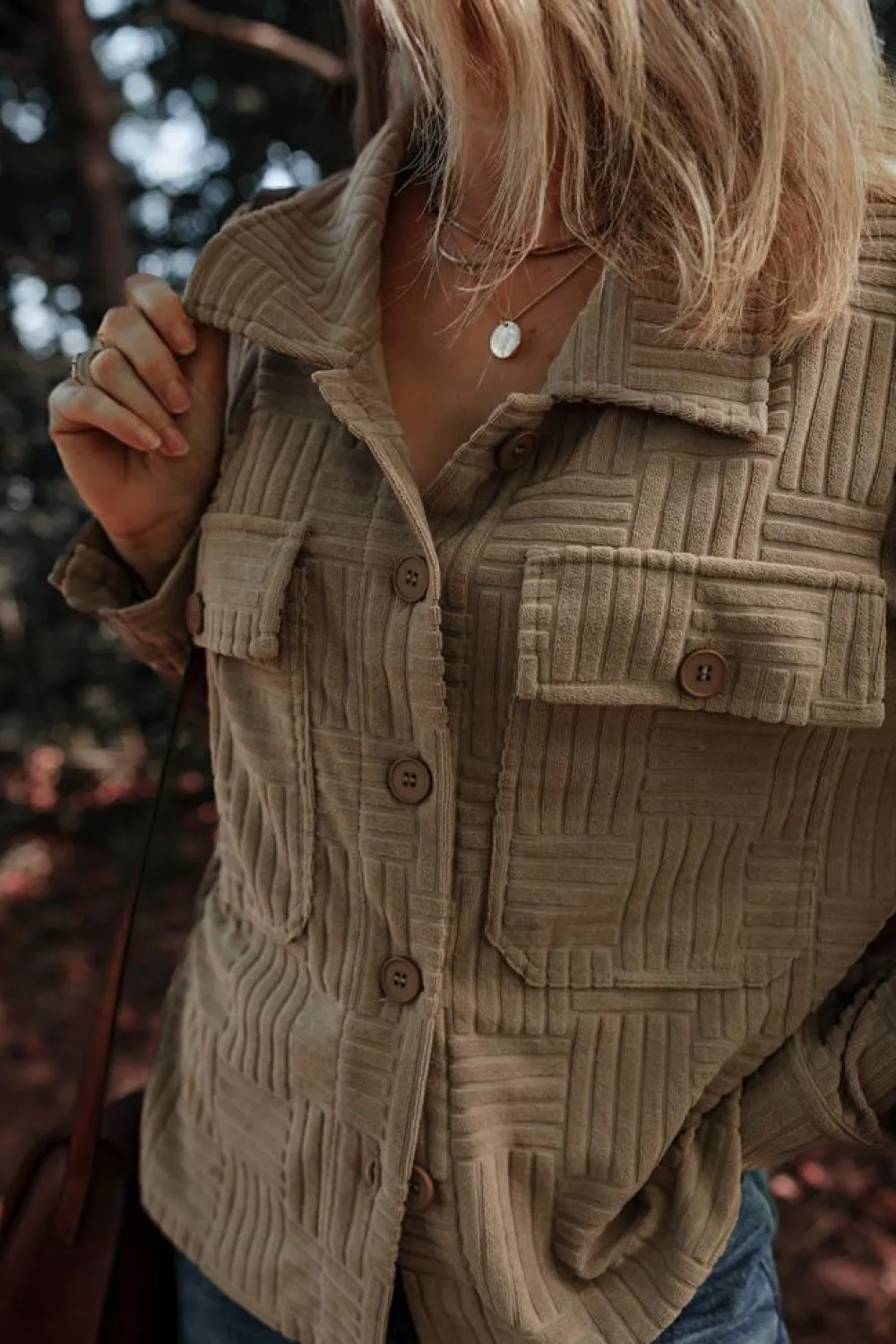 Best Dear-Lover Textured Chest Pocket Button-up Shacket Dark Khaki