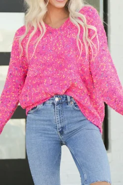 Fashion Dear-Lover Dark Pink Colorful Spots Knitted V Neck Casual Sweater Bright Pink