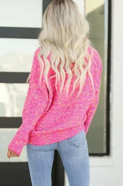 Fashion Dear-Lover Dark Pink Colorful Spots Knitted V Neck Casual Sweater Bright Pink