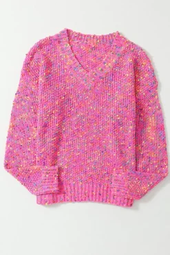 Fashion Dear-Lover Dark Pink Colorful Spots Knitted V Neck Casual Sweater Bright Pink