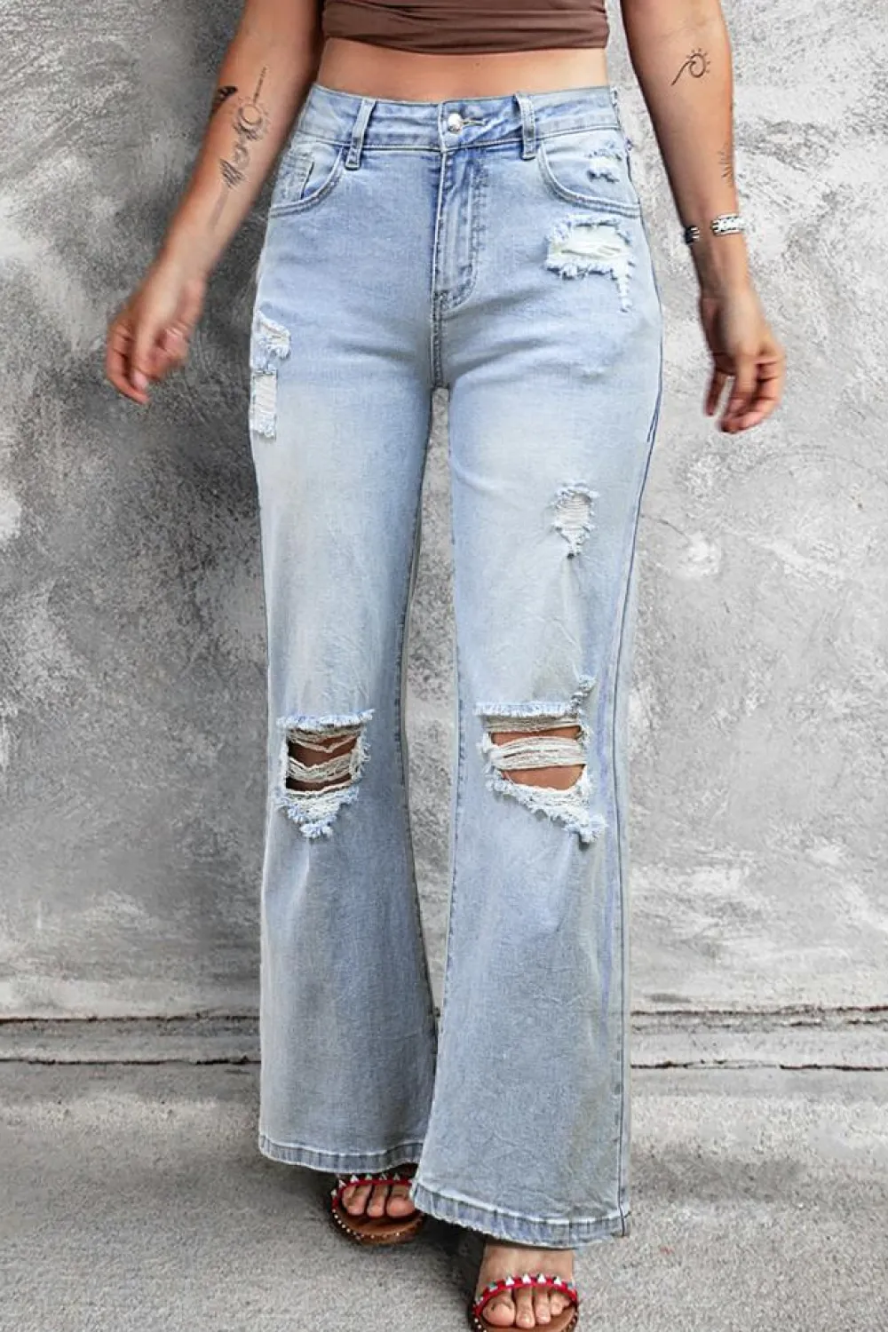 Sale Dear-Lover Vintage Light Wash Distressed Flare Jeans Beau Blue