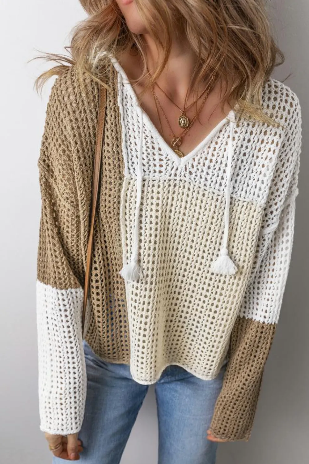 Online Dear-Lover Colorblock Hollow-out Front Tie V Neck Lightweight Sweater Brown