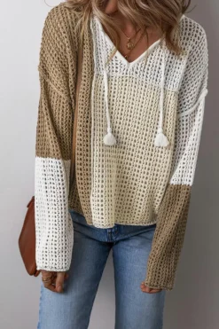Online Dear-Lover Colorblock Hollow-out Front Tie V Neck Lightweight Sweater Brown