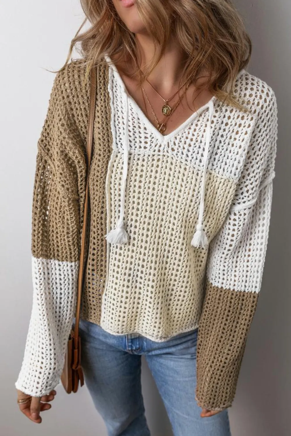Online Dear-Lover Colorblock Hollow-out Front Tie V Neck Lightweight Sweater Brown