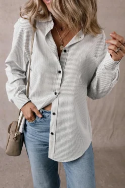 Sale Dear-Lover Stripe Roll-tab Sleeve Pocketed Long Shirt Black Stripe