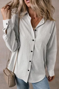 Sale Dear-Lover Stripe Roll-tab Sleeve Pocketed Long Shirt Black Stripe