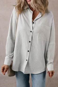 Sale Dear-Lover Stripe Roll-tab Sleeve Pocketed Long Shirt Black Stripe