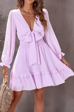 Best Dear-Lover Deep V Neck Lantern Sleeve Knotted Tiered Mini Dress Pink