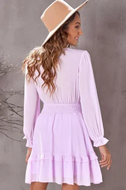 Best Dear-Lover Deep V Neck Lantern Sleeve Knotted Tiered Mini Dress Pink