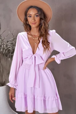Best Dear-Lover Deep V Neck Lantern Sleeve Knotted Tiered Mini Dress Pink