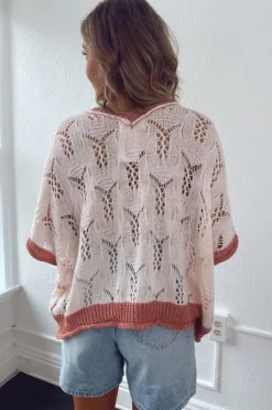 Online Dear-Lover Embroidered Flowers Colorblock Edge Hollowed Sweater Delicacy