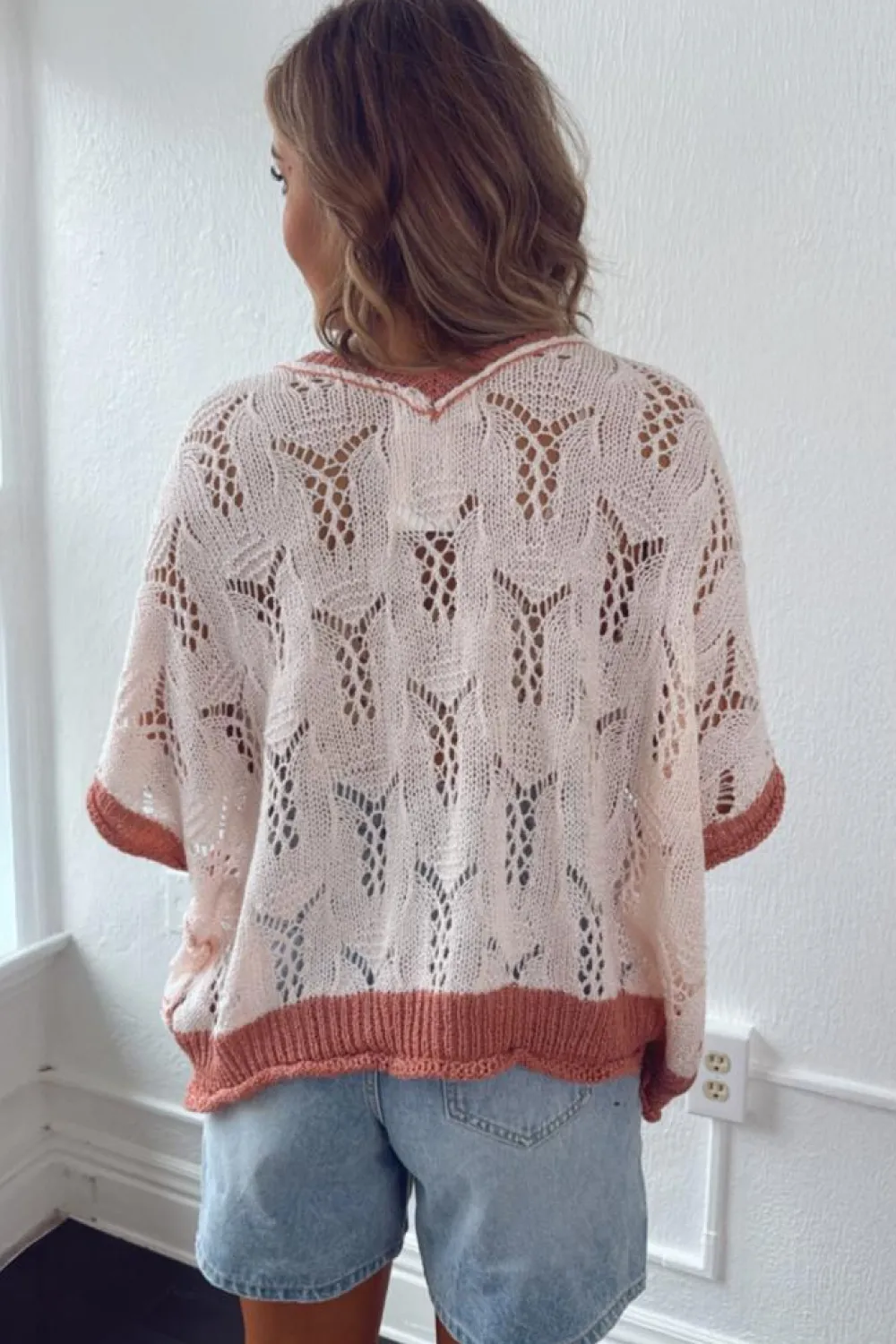 Online Dear-Lover Embroidered Flowers Colorblock Edge Hollowed Sweater Delicacy