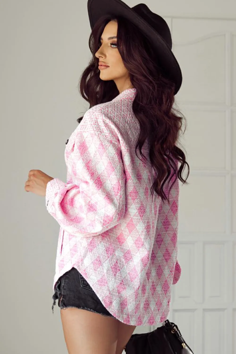 Best Dear-Lover Geometric Print Textured Flap Detail Shacket with Pocket Delicacy