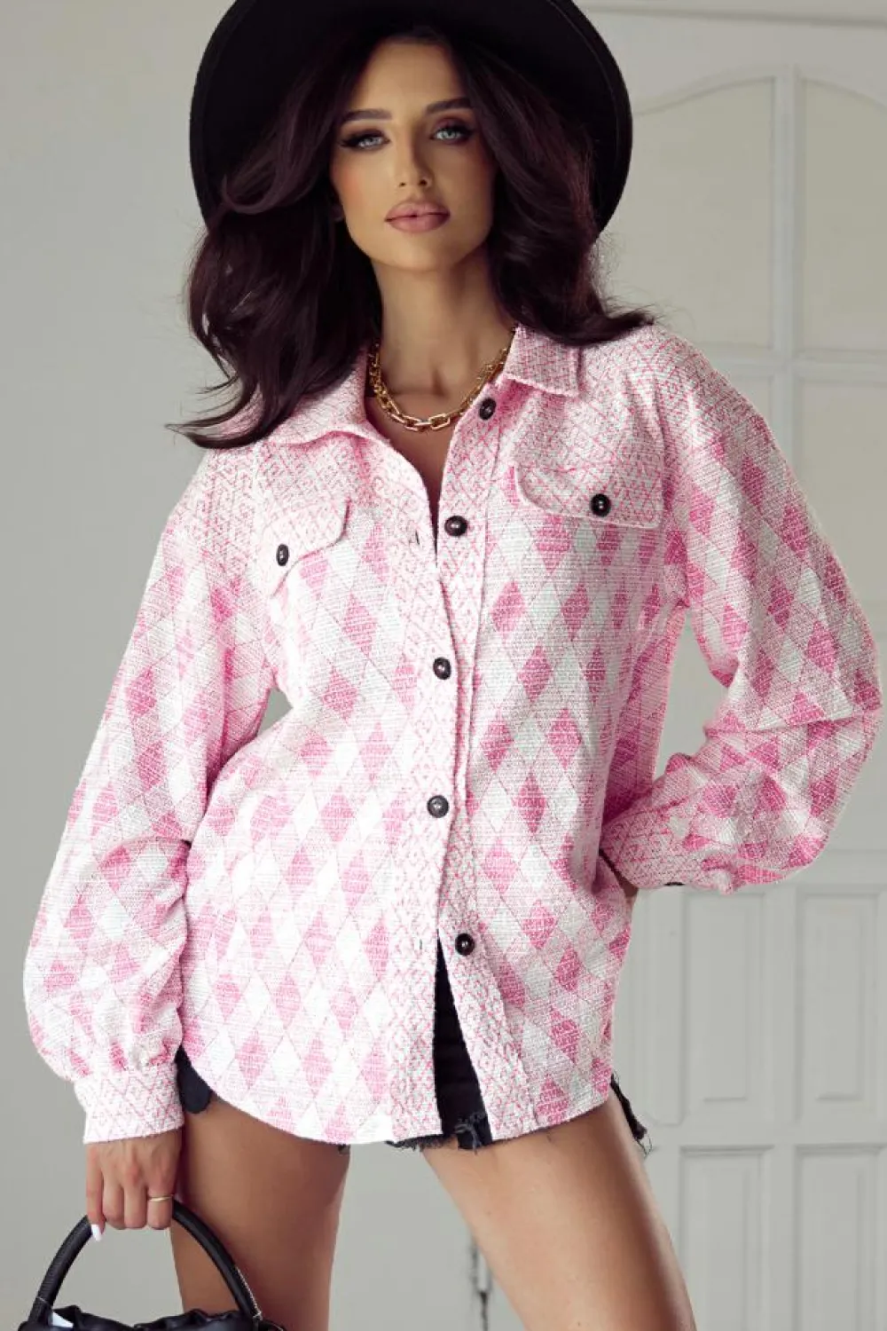 Best Dear-Lover Geometric Print Textured Flap Detail Shacket with Pocket Delicacy