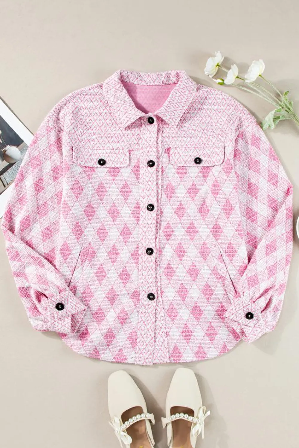 Best Dear-Lover Geometric Print Textured Flap Detail Shacket with Pocket Delicacy
