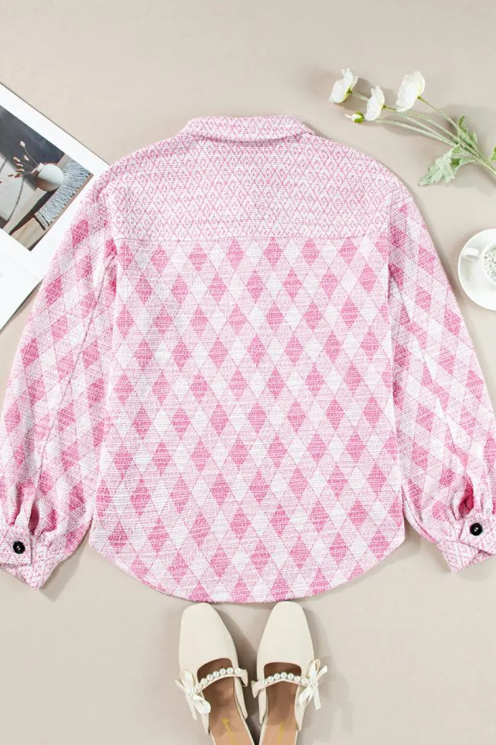 Best Dear-Lover Geometric Print Textured Flap Detail Shacket with Pocket Delicacy