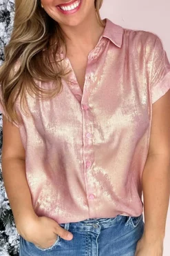 New Dear-Lover Metallic Buttoned Loose Fit Short Sleeve Shirt Delicacy