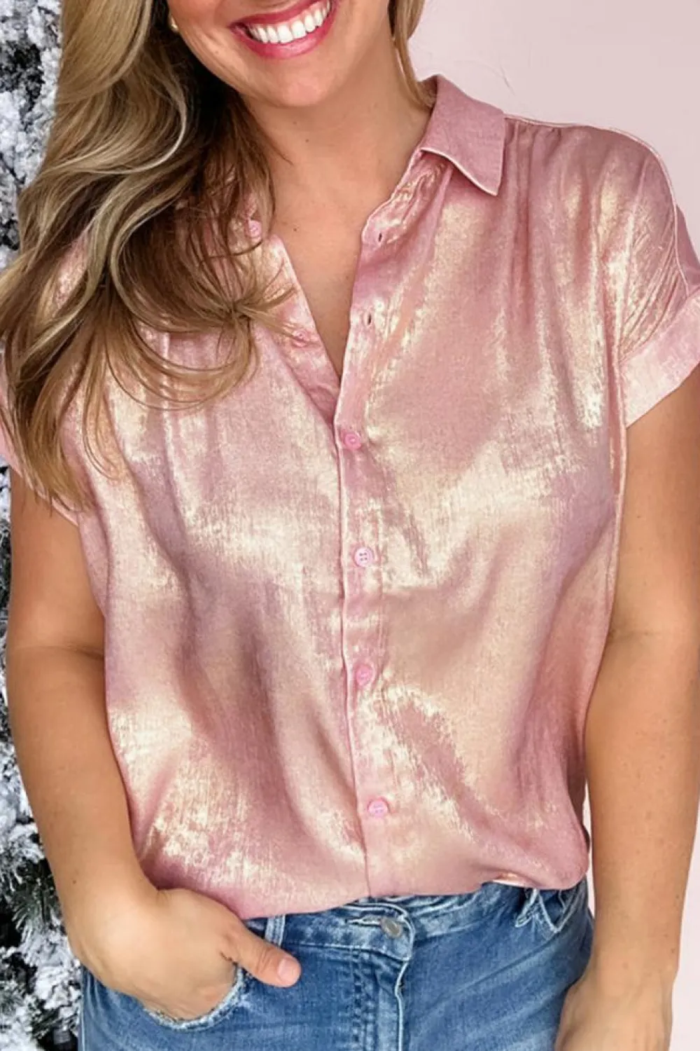 New Dear-Lover Metallic Buttoned Loose Fit Short Sleeve Shirt Delicacy