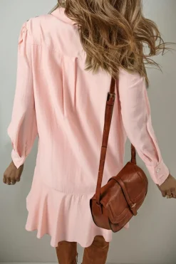 Best Dear-Lover Solid Color Flounce Hem Buttoned Turn Down Collar Dress Delicacy