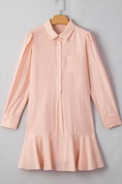 Best Dear-Lover Solid Color Flounce Hem Buttoned Turn Down Collar Dress Delicacy