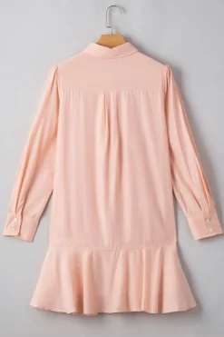 Best Dear-Lover Solid Color Flounce Hem Buttoned Turn Down Collar Dress Delicacy