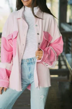 Best Dear-Lover Two-tone Color Exposed Seam Corduroy Shacket Delicacy