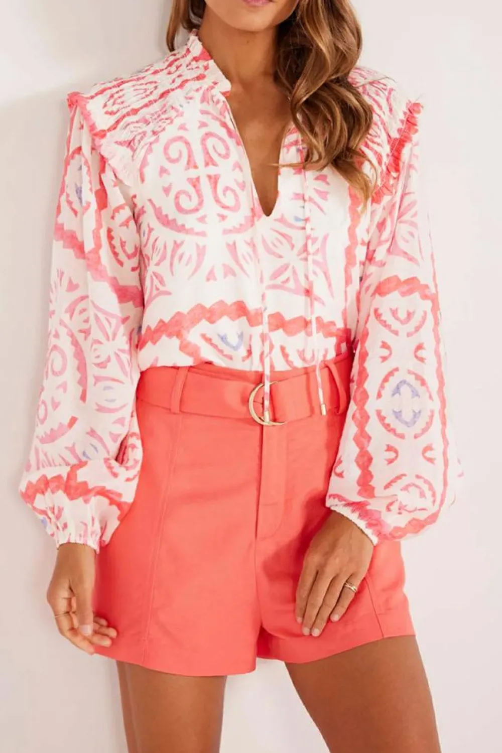 Hot Dear-Lover Vintage Print Smocked Poet Collar Billowy Blouson Sleeves Blouse Desert Flower
