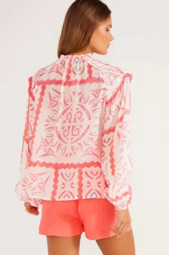 Hot Dear-Lover Vintage Print Smocked Poet Collar Billowy Blouson Sleeves Blouse Desert Flower
