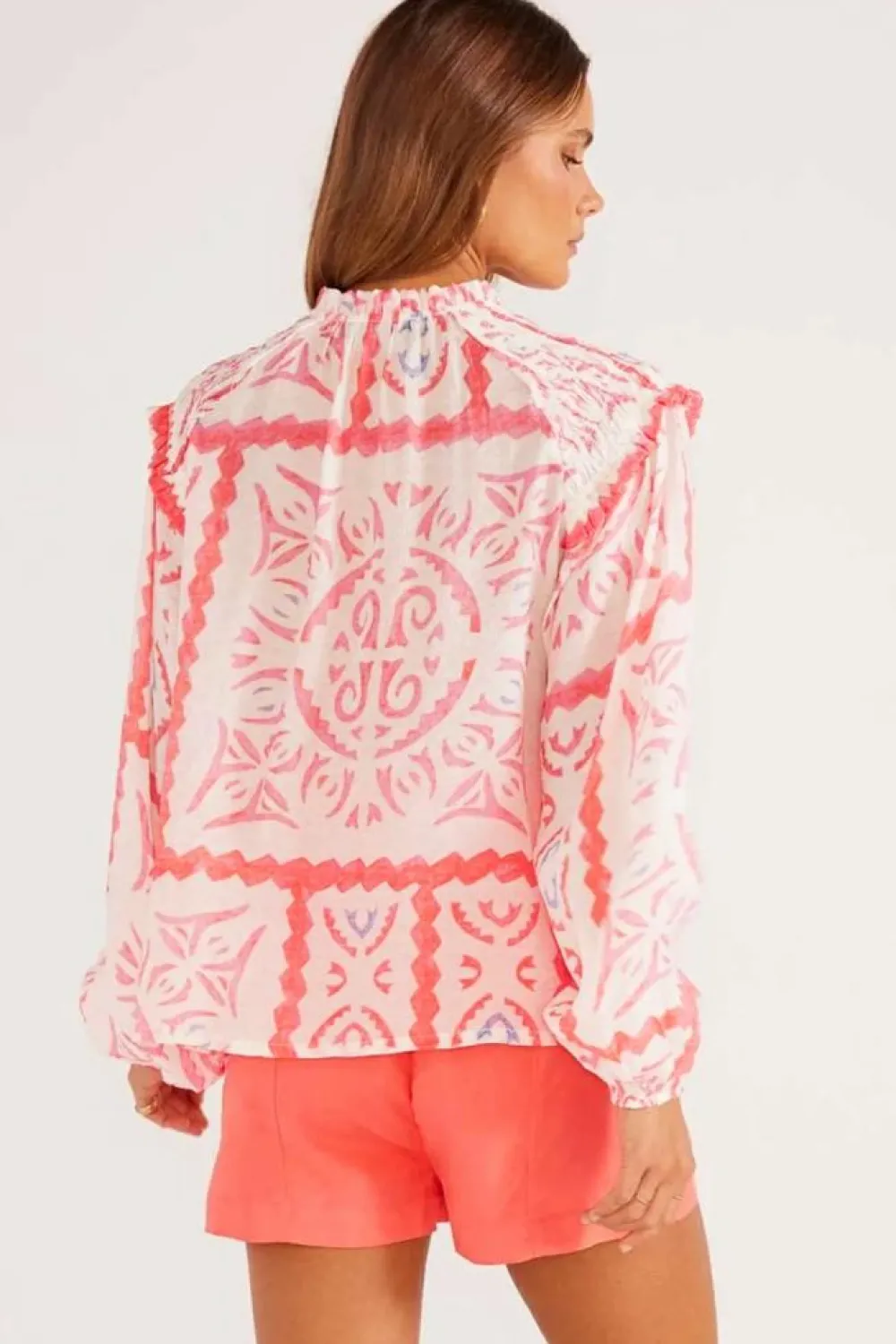 Hot Dear-Lover Vintage Print Smocked Poet Collar Billowy Blouson Sleeves Blouse Desert Flower