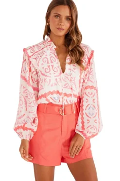 Hot Dear-Lover Vintage Print Smocked Poet Collar Billowy Blouson Sleeves Blouse Desert Flower