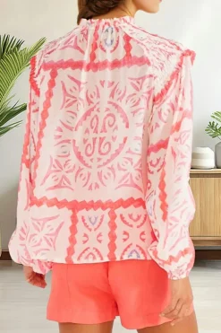 Hot Dear-Lover Vintage Print Smocked Poet Collar Billowy Blouson Sleeves Blouse Desert Flower