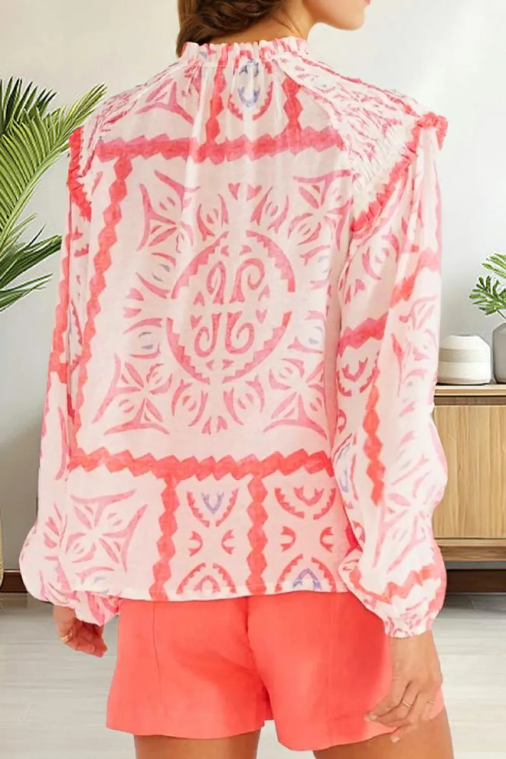 Hot Dear-Lover Vintage Print Smocked Poet Collar Billowy Blouson Sleeves Blouse Desert Flower