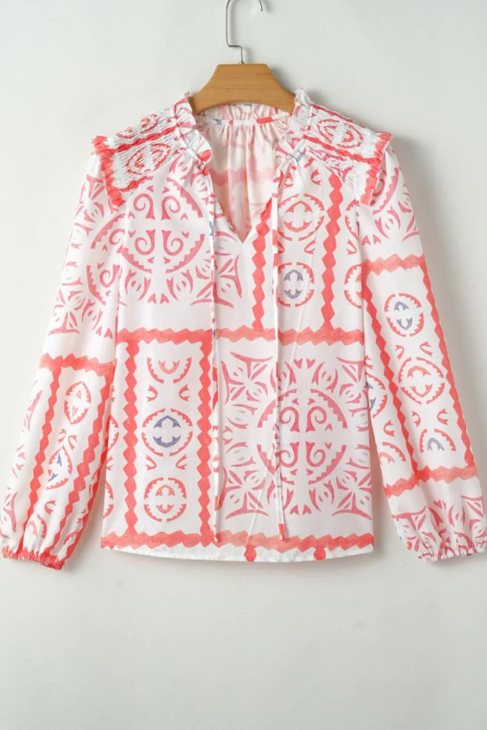 Hot Dear-Lover Vintage Print Smocked Poet Collar Billowy Blouson Sleeves Blouse Desert Flower