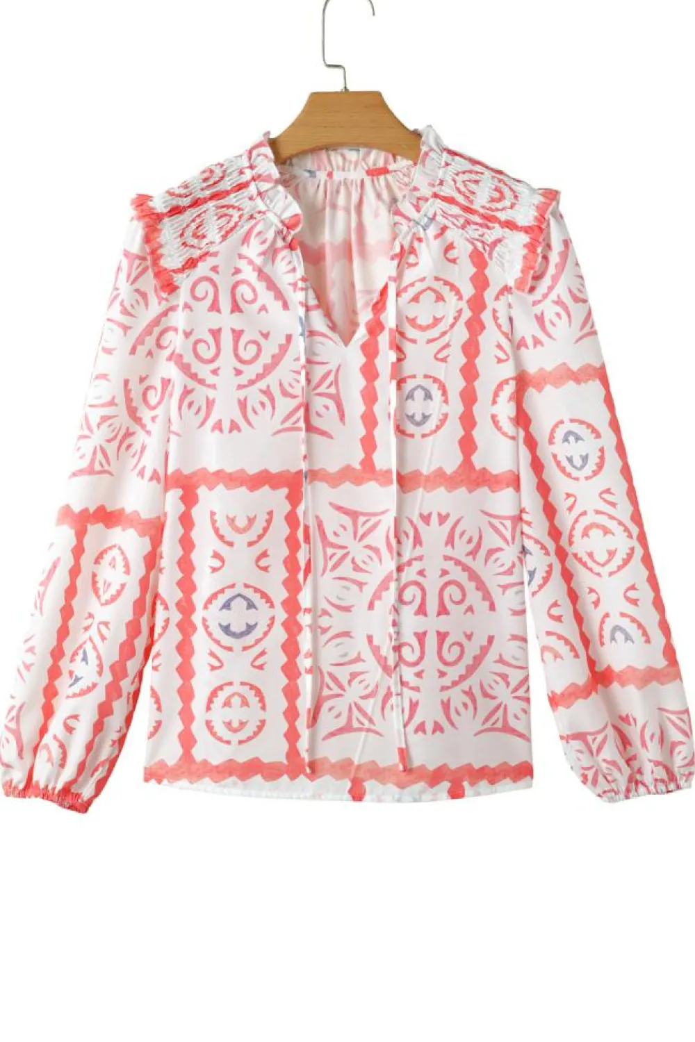 Hot Dear-Lover Vintage Print Smocked Poet Collar Billowy Blouson Sleeves Blouse Desert Flower