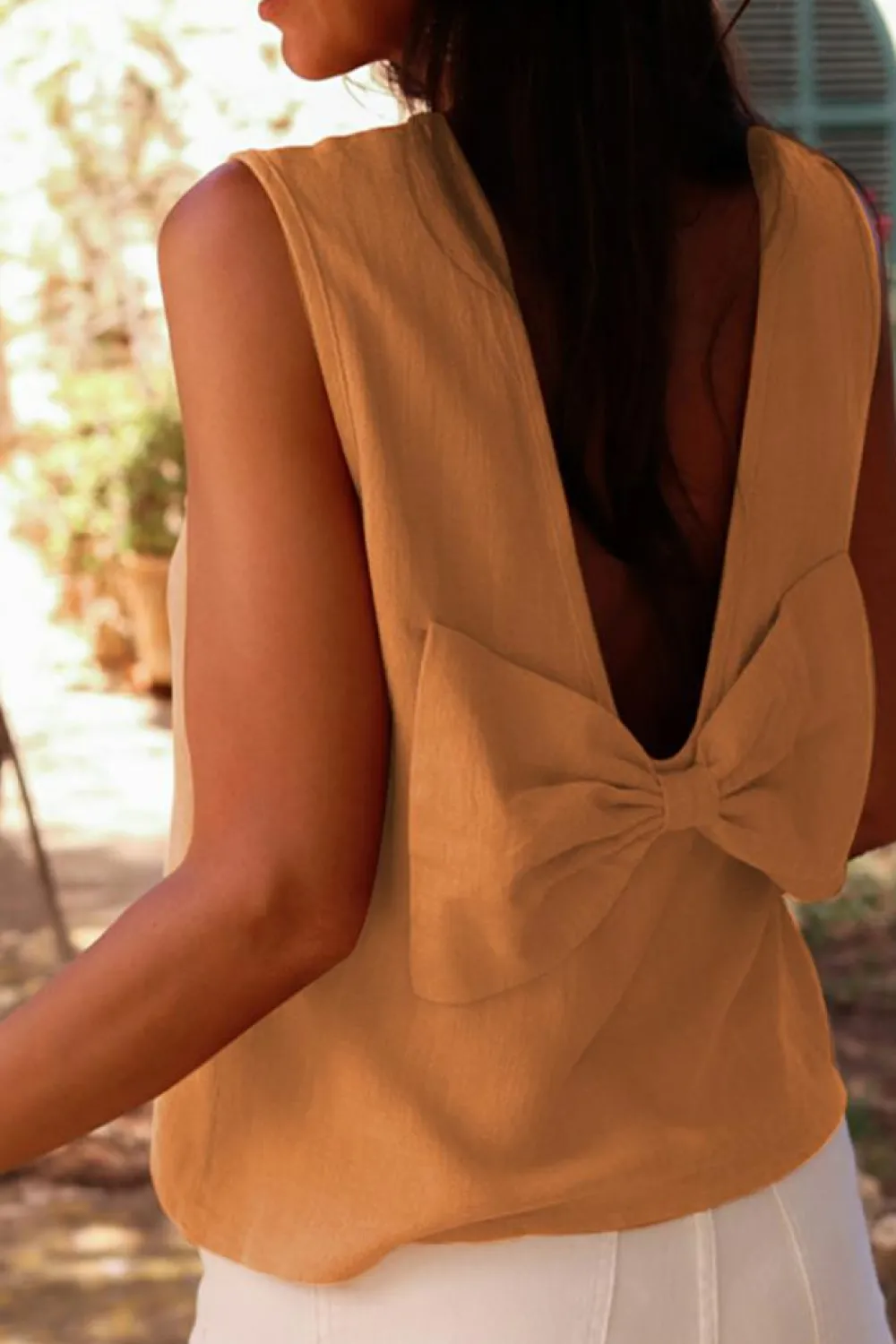 Hot Dear-Lover Bowknot V Cut Backless Cotton Tank Top Desert Gold