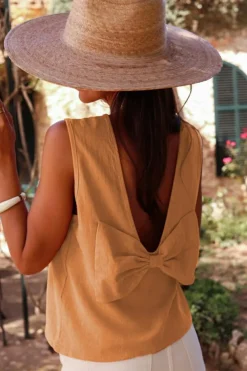Hot Dear-Lover Bowknot V Cut Backless Cotton Tank Top Desert Gold