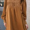 Fashion Dear-Lover Corduroy Pleated Puff Sleeve Shift Short Dress Desert Gold