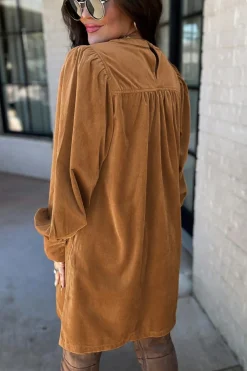 Fashion Dear-Lover Corduroy Pleated Puff Sleeve Shift Short Dress Desert Gold