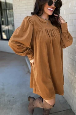 Fashion Dear-Lover Corduroy Pleated Puff Sleeve Shift Short Dress Desert Gold