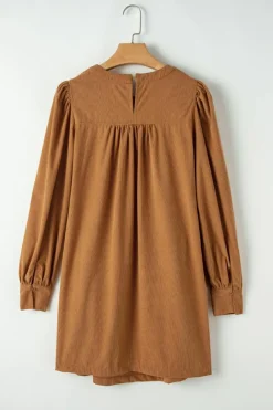 Fashion Dear-Lover Corduroy Pleated Puff Sleeve Shift Short Dress Desert Gold