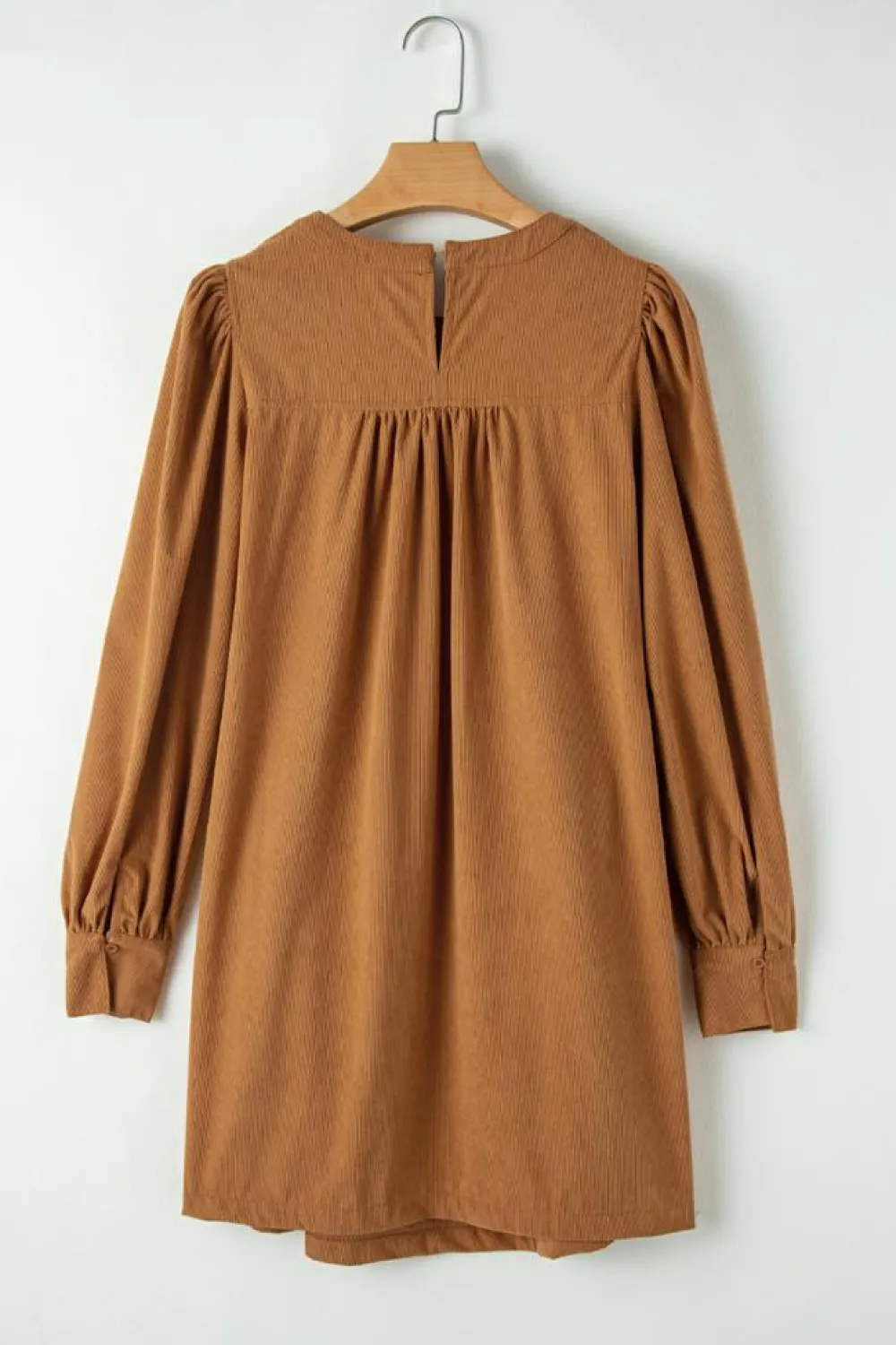 Fashion Dear-Lover Corduroy Pleated Puff Sleeve Shift Short Dress Desert Gold